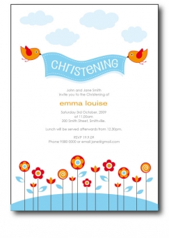 Christening invitation designs for girls and boys with cute birds and flowers. 